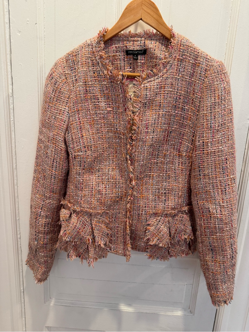 For Cynthia Multicolor Bouclé Tweed Fringe Jacket Size S